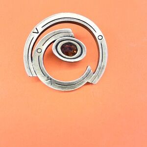 Modern Silver Spiral Brooch with Amber Stone - Women's Jewelry